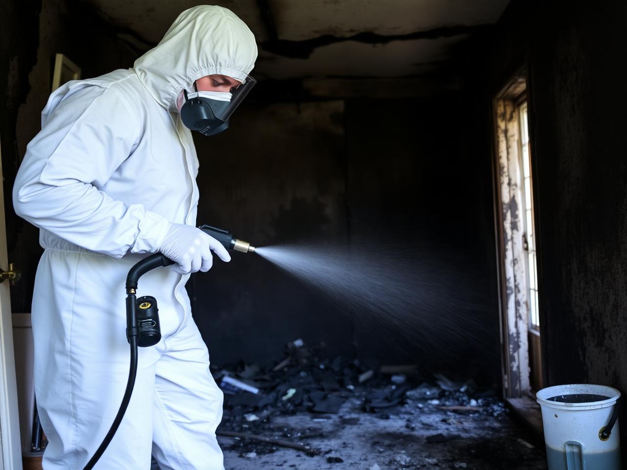 Technicien en combinaison nettoyant et désinfectant une pièce noircie par les suies après un incendie