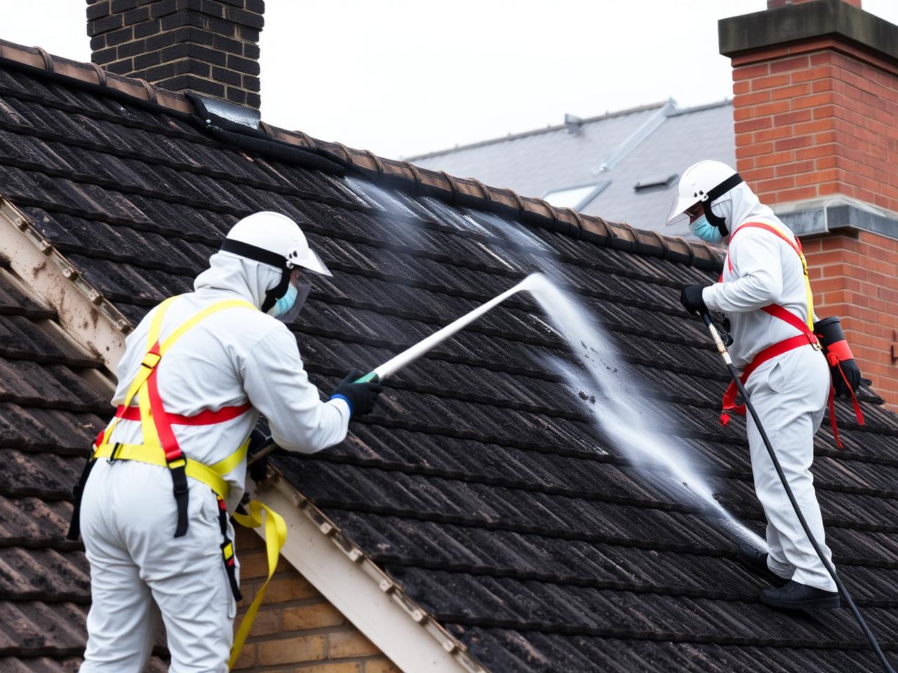 Techniciens nettoyant une toiture couverte de suies après un incendie